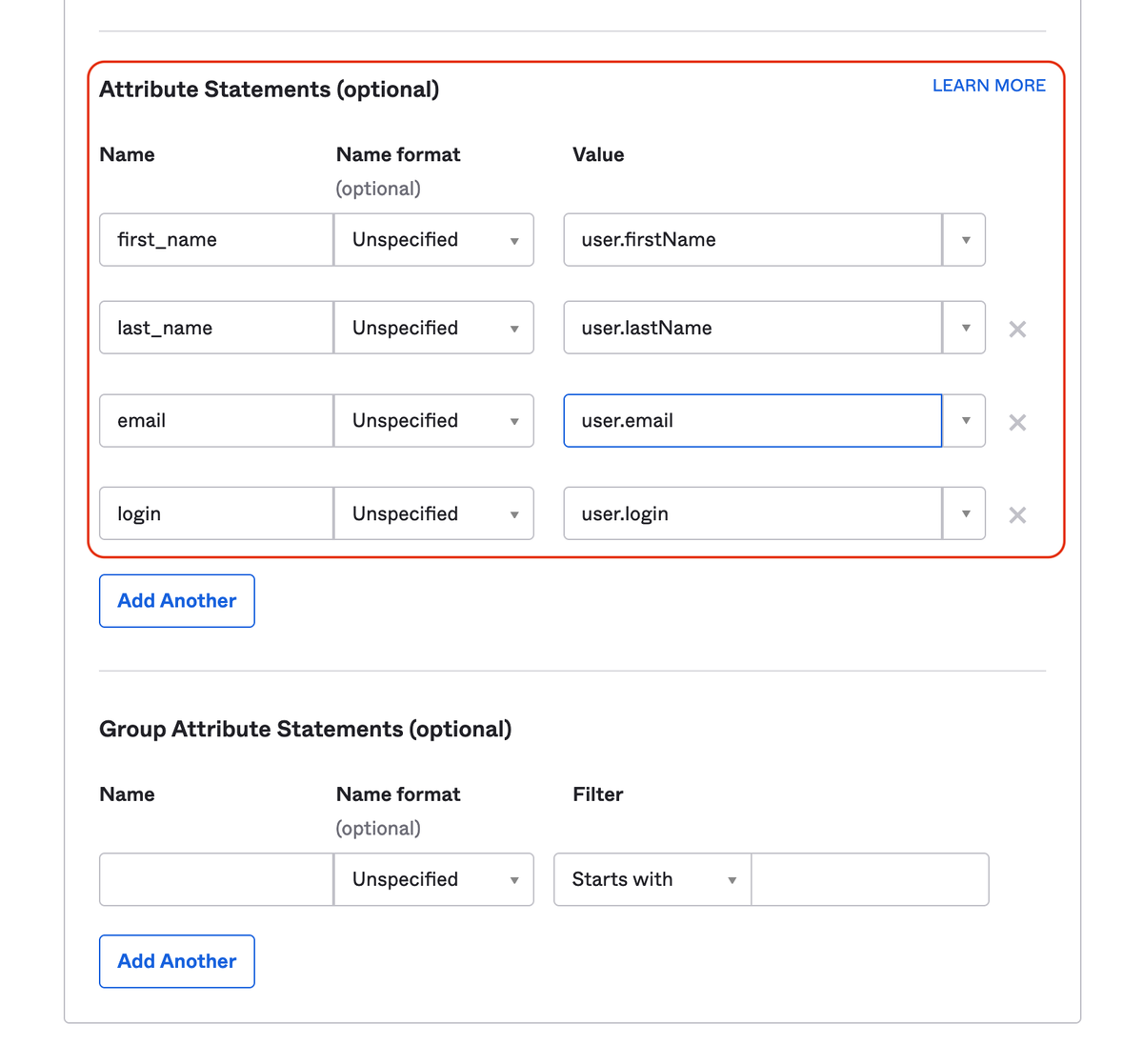 Attribute statements formatted for Okta